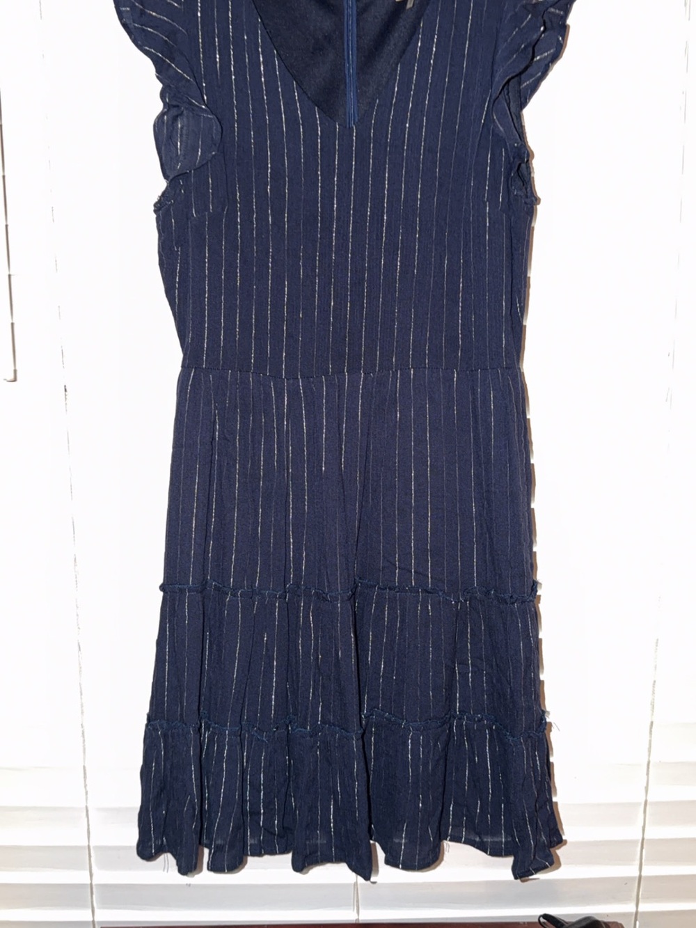 Navy Pinstripe Tiered V-Neck Women's Dress